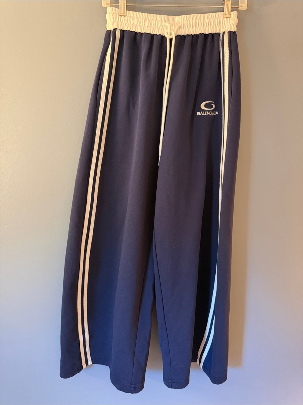 Balenciaga Navy Joggers with White Waistband and Side Stripes Side Pockets Like